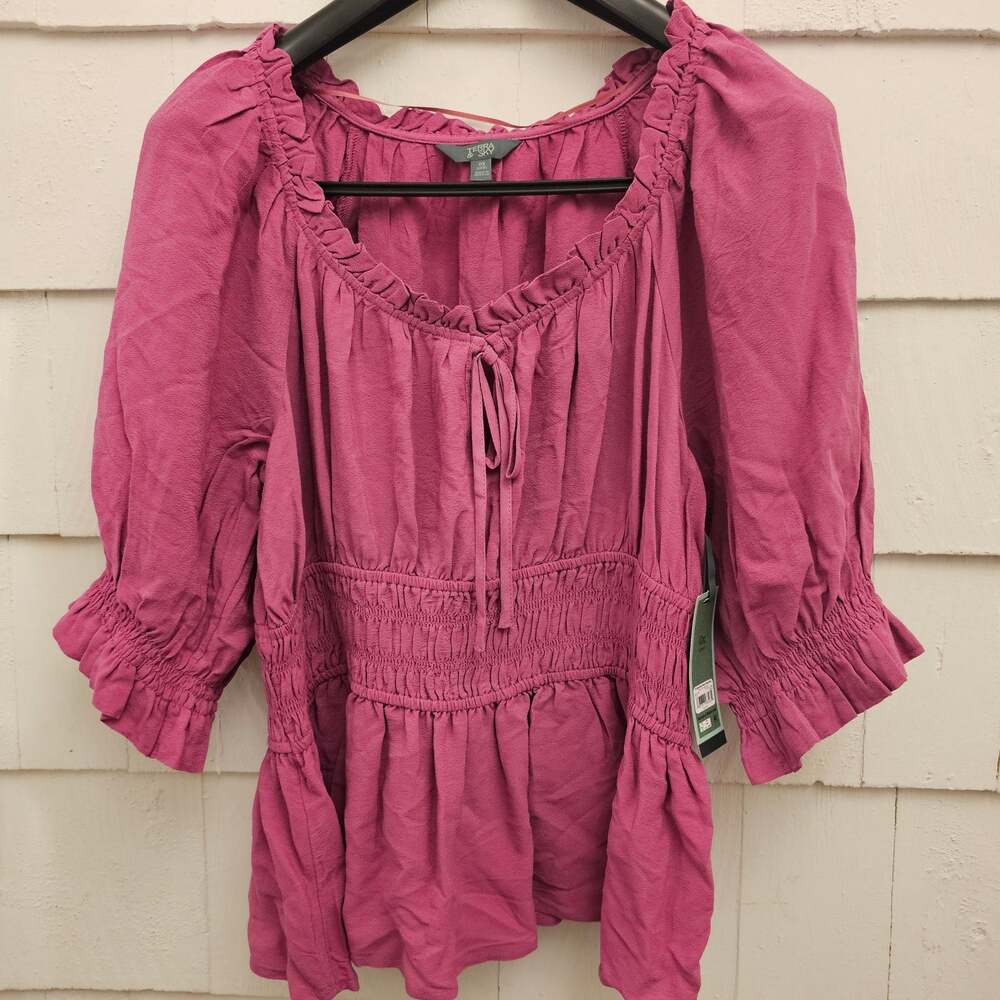 Terra & Sky Women's 0X 14W Pink Smocked Peplum Blouse Puff Sleeve Boho NWT - Picture 10 of 10